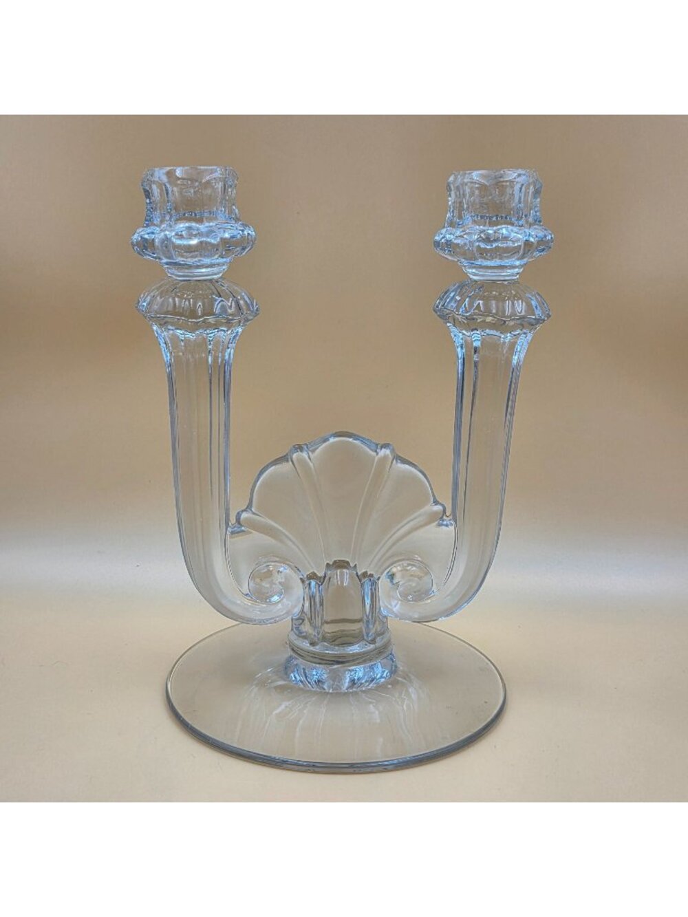 Heisey Toujours Clear Glass Double Light Candlestick Art Deco Candle Holder